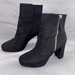 H&M Black Suede Platform High Heel Ankle Boots Womens 6 Gold Tone Side Zip EUC